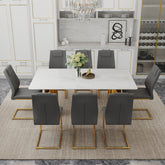 Table and chair set.The table has a glass tabletop with imitation marble pattern sticker and stainless steel golden table legs.Paried with 8 comfortable chairs with PU seats and metal legs.W1151S01528