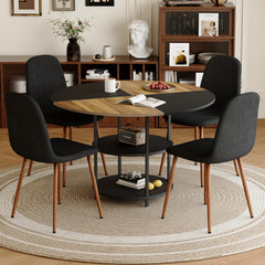Table and chair set.A 47.3-inch diameter modern splicing circular dining table - double-layer storage.Paired With 4 Black Linen-Cotton Material High Resilience Dining Chair with Metal Walnut Leg.