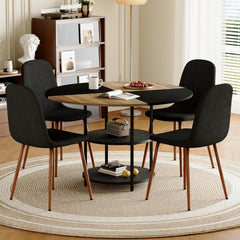 Table and chair set.A 47.3-inch diameter modern splicing circular dining table - double-layer storage.Paired With 4 Black Linen-Cotton Material High Resilience Dining Chair with Metal Walnut Leg.