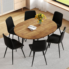 Table and chair set.Modern Extendable MDF Dining Table.Suitable for gatherings of different size.Paired with 6 Black Artificial PU Chairs With Curved Widened Cushion Design.