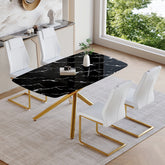 Table and chair set.63"x35.4"x30" Luxurious Black Marble-Patterned Tempered Glass Dining Table.Single Fork Golden Metal Table Legs.Paried With 4 White High-quality PU Chairs With Arched Metal Legs.