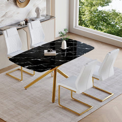 Table and chair set.63"x35.4"x30" Luxurious Black Marble-Patterned Tempered Glass Dining Table.Single Fork Golden Metal Table Legs.Paried With 4 White High-quality PU Chairs With Arched Metal Legs.