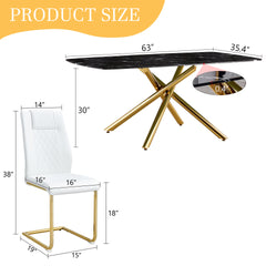 Table and chair set.63"x35.4"x30" Luxurious Black Marble-Patterned Tempered Glass Dining Table.Single Fork Golden Metal Table Legs.Paried With 4 White High-quality PU Chairs With Arched Metal Legs.