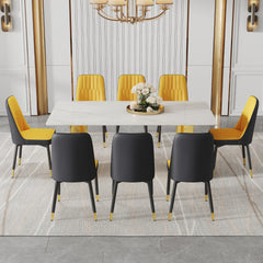 Table and chair set.The table has a glass top with imitation marble pattern stickers and stainless steel golden legs. Paried with 8 Orange and Dark Gray Spliced Color PU Dining Chairs.
