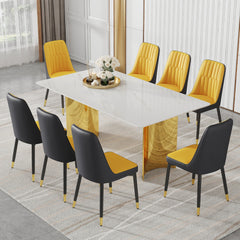 Table and chair set.The table has a glass top with imitation marble pattern stickers and stainless steel golden legs. Paried with 8 Orange and Dark Gray Spliced Color PU Dining Chairs.