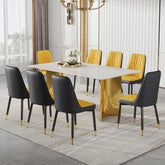 Table and chair set.The table has a glass top with imitation marble pattern stickers and stainless steel golden legs. Paried with 8 Orange and Dark Gray Spliced Color PU Dining Chairs.