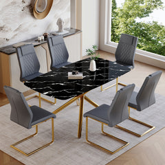 Table and chair set.63"x35.4" Luxurious Black Marble-Patterned Tempered Glass Dining Table.Single Fork Golden Metal Table Legs.Paried With 6 Dark Gray High-quality PU Chairs With Arched Metal Legs.