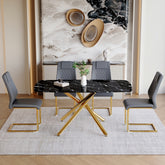 Table and chair set.63"x35.4" Luxurious Black Marble-Patterned Tempered Glass Dining Table.Single Fork Golden Metal Table Legs.Paried With 4 Dark Gray High-quality PU Chairs With Arched Metal Legs.