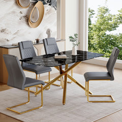 Table and chair set.63"x35.4" Luxurious Black Marble-Patterned Tempered Glass Dining Table.Single Fork Golden Metal Table Legs.Paried With 4 Dark Gray High-quality PU Chairs With Arched Metal Legs.