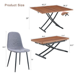Table and chair set.Modern Multifunctional Lifting Platform,Walnut Wood Grain Sticker MDF Desktop, Black Metal Legs.Paired With 4 Light Gray Linen-Cotton Material High Resilience Dining Chairs.