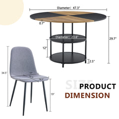 Table and chair set.A 47.3-inch diameter modern splicing circular dining table - double-layer storage.Paired With 4 Light Gray Linen-Cotton Material High Resilience Dining Chair with Metal Leg.
