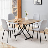 Table and chair set.Modern Multifunctional Lifting Platform,Natural Wood Grain Sticker MDF Desktop, Black Metal Legs.Paired with 4 Light Gray Linen-Cotton Material High Resilience Dining Chairs.