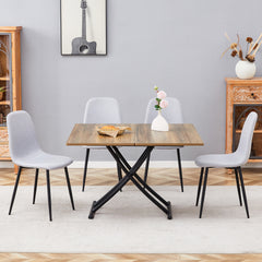 Table and chair set.Modern Multifunctional Lifting Platform,Natural Wood Grain Sticker MDF Desktop, Black Metal Legs.Paired with 4 Light Gray Linen-Cotton Material High Resilience Dining Chairs.