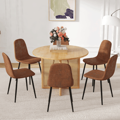 Table and chair set.A 42 inch diameter Natural Wood Rubber Wood Round Dining Table.6 Comfortable Technology-Fabric Brown Chairs With Black Metal Legs.Perfect For Dinner, Meetings, Home And Office.
