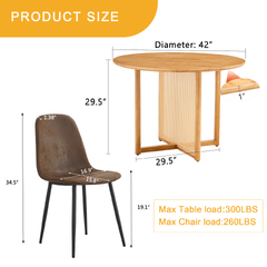 Table and chair set.A 42 inch diameter Natural Wood Rubber Wood Round Dining Table.6 Comfortable Technology-Fabric Brown Chairs With Black Metal Legs.Perfect For Dinner, Meetings, Home And Office.