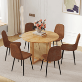 Table and chair set.A 42 inch diameter Natural Wood Rubber Wood Round Dining Table.6 Comfortable Technology-Fabric Brown Chairs With Black Metal Legs.Perfect For Dinner, Meetings, Home And Office.