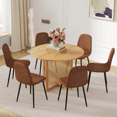 Table and chair set.A 42 inch diameter Natural Wood Rubber Wood Round Dining Table.6 Comfortable Technology-Fabric Brown Chairs With Black Metal Legs.Perfect For Dinner, Meetings, Home And Office.
