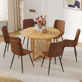 Table and chair set.A 42 inch diameter Natural Wood Rubber Wood Round Dining Table.6 Comfortable Technology-Fabric Brown Chairs With Curved Widened Cushion Design.