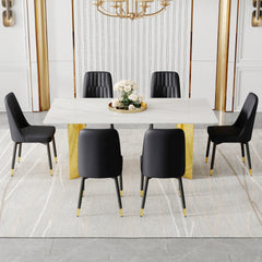 Table and chair set.The table has a glass top with imitation marble pattern stickers and stainless steel golden legs. Paried with 6 chairs with PU artificial leather backrest cushions.W1151S01564