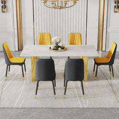 Table and chair set.The table has a glass top with imitation marble pattern stickers and stainless steel golden legs. Paried with 6 Orange and Dark Gray Spliced Color PU Dining Chairs.