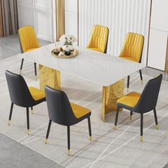 Table and chair set.The table has a glass top with imitation marble pattern stickers and stainless steel golden legs. Paried with 6 Orange and Dark Gray Spliced Color PU Dining Chairs.
