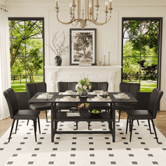 Table and chair set.71*35.4 inch Black Grain Spliced Dining Table With Storage Function In The Middle Of The Legs.Paired with 6 Black PU chairs with a vertical stripe design on the backrest.