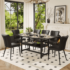 Table and chair set.71*35.4 inch Black Grain Spliced Dining Table With Storage Function In The Middle Of The Legs.Paired with 6 Black PU chairs with a vertical stripe design on the backrest.