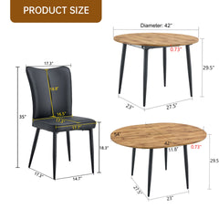 Table and chair set.Modern Extendable Wood MDF Dining Table.Suitable for gatherings of different size.Paried with 6 Black PU chairs with a vertical stripe design on the backrest and black metal legs.
