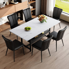 Table and chair set.71*35.4 inch White Grain Spliced Dining Table With Storage Function In The Middle Of The Legs.Paired with 6 Black PU chairs with a vertical stripe design on the backrest.
