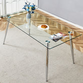 Modern rectangular glass dining table, suitable for 4-6 people, with tempered glass countertop and silver metal table legs, writing desk, suitable for kitchen, dining room and living room.W1151S01595