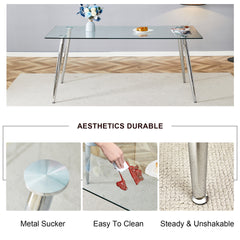 Modern rectangular glass dining table, suitable for 4-6 people, with tempered glass countertop and silver metal table legs, writing desk, suitable for kitchen, dining room and living room.W1151S01595