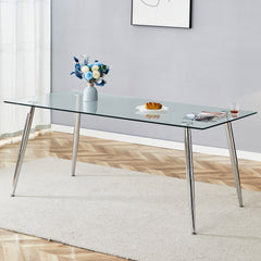Modern rectangular glass dining table, suitable for 4-6 people, with tempered glass countertop and silver metal table legs, writing desk, suitable for kitchen, dining room and living room.W1151S01595