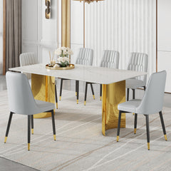 Table and chair set.The table has a glass top with imitation marble pattern stickers and stainless steel golden legs. Paried with 6 chairs with PU artificial leather backrest cushions.W1151S01566