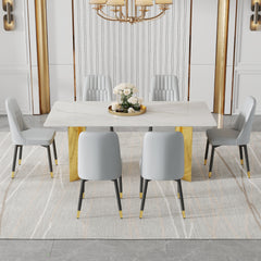 Table and chair set.The table has a glass top with imitation marble pattern stickers and stainless steel golden legs. Paried with 6 chairs with PU artificial leather backrest cushions.W1151S01566