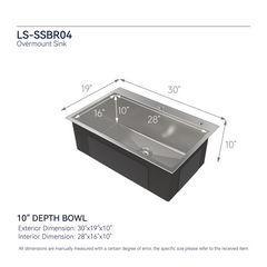 Stainless Steel Kitchen Sink, 30″x19″ Single Bowl, Overmount Handmade Sink in Brushed Nickel, with US Standard Drain and Hook, LS-SSBR04