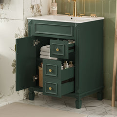 24" Bathroom Vanity with Ceramic Sink, Small Bathroom Sink Cabinet, Modern Cabinet with 2 Drawers and Adjustable Shelf