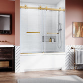 Frameless Sliding Bathtub Door 56-60 in.W x 62 in.H,Bypass Tub Glass Sliding Shower Doors,3/8"(10mm) Thick Clear Tempered Glass,Heavy Duty Stainless Steel Hardwares,2pcs Rectangle Handles,Brushed Gold