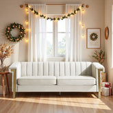 FX-P81-CW2 SOFA Modern Cream Velvet Sofa with Gold Accents - Sleek Channel-Tufted Upholstery, 3-Seat Couch for Living Room and Office Decor(TEMU Suitable)