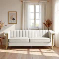 FX-P81-CW2 SOFA Modern Cream Velvet Sofa with Gold Accents - Sleek Channel-Tufted Upholstery, 3-Seat Couch for Living Room and Office Decor(TEMU Suitable)