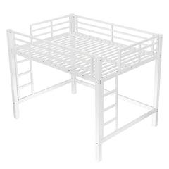 Full Size Metal Loft Bed, Loft Bed with Easy Climbing Ladder and Guardrails , White