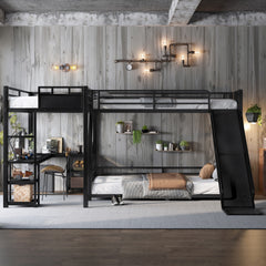 L-Shaped Metal Bunk Bed (Top bed: twin xl, bottom bed: queen) with Single Loft Bed, Desk, and Storage Shelves, USB Charging Port Included - Metal Triple Bunk Bed with Slide,Black