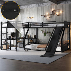 L-Shaped Metal Bunk Bed (Top bed: twin xl, bottom bed: queen) with Single Loft Bed, Desk, and Storage Shelves, USB Charging Port Included - Metal Triple Bunk Bed with Slide,Black