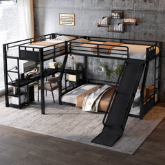 L-Shaped Metal Bunk Bed (Top bed: twin, bottom bed: full ) with Single Loft Bed, Desk, and Storage Shelves, USB Charging Port Included - Metal Triple Bunk Bed with Slide,Black