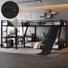 L-Shaped Metal Bunk Bed (Top bed: twin, bottom bed: full ) with Single Loft Bed, Desk, and Storage Shelves, USB Charging Port Included - Metal Triple Bunk Bed with Slide,Black