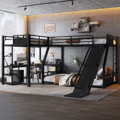 L-Shaped Metal Bunk Bed (Top bed: twin, bottom bed: full ) with Single Loft Bed, Desk, and Storage Shelves, USB Charging Port Included - Metal Triple Bunk Bed with Slide,Black