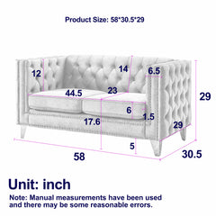Velvet Sofa for Living Room,Buttons Tufted Square Arm Couch, Modern Couch Upholstered Button and Metal Legs, Sofa Couch for Bedroom, Grey Velvet-2S(W834S00051)