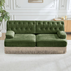 Soft Velvet Fabric Chesterfield Style Sofa,Button Tufted Design,Floor-grazing Tassel Fringe Skirt,Easy to Assemble,Free Combination,For Living Rooms Rest Areas Bedroom,Green