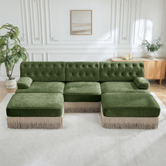 U Shaped Breathable Comfort Velvet Fabric,Chesterfield Style Sofa,Floor-grazing Tassel Fringe Skirt,Modular Combination Design,Ergonomic design,Button Tufted Design,For Living Rooms Bedroom,Green