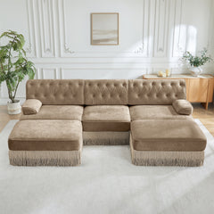 U Shaped Breathable Comfort Velvet Fabric,Chesterfield Style Sofa,Floor-grazing Tassel Fringe Skirt,Modular Combination Design,Ergonomic design,Button Tufted Design,For Living Rooms Bedroom,Camel