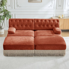 With 2 Ottoman, Breathable Comfort Velvet Fabric, Tassel Skirt Chesterfield Style Sofa, Free Combination, Slightly Curved Square Armrests, Premium Wooden Base, Easy to Assemble, For Living Room,Red Br
